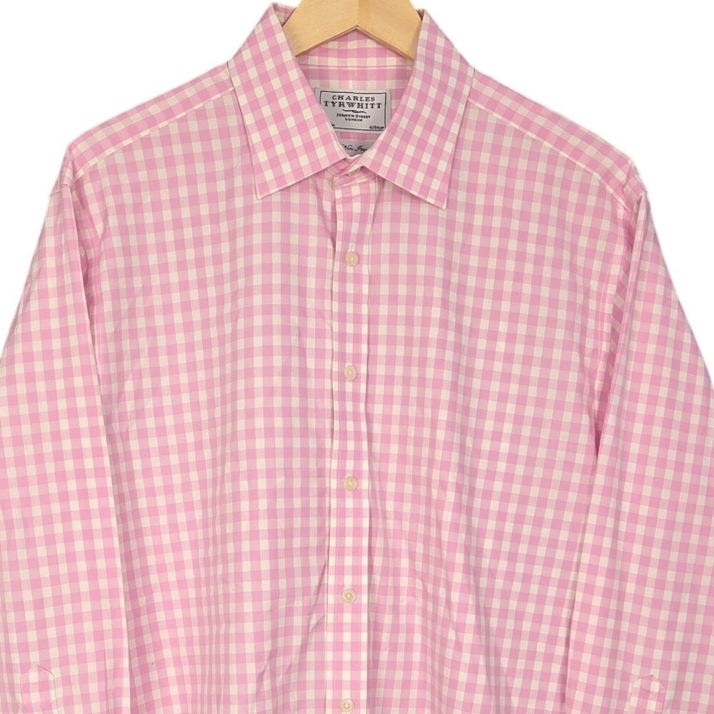 Charles Tyrwhitt Dress Shirt Mens 16/33 Pink Gingham Non-Iron FRENCH CUFF Cotton